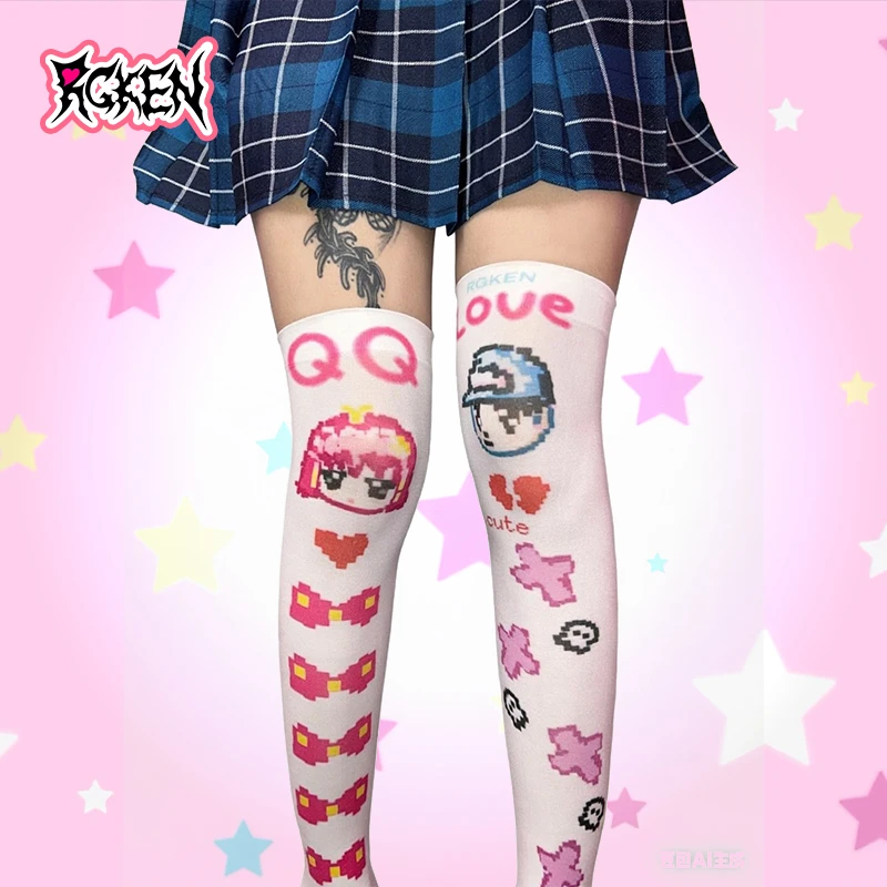 RGKEN如果可能 QQ爱过膝袜亚文化卡通像素y2k印花可爱白宅妹满印