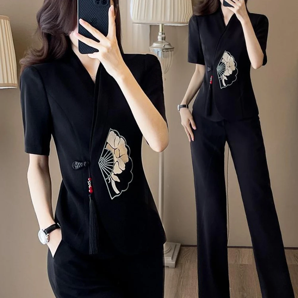 杏色西装套装女薄款2024夏季新款短袖高级感商务式职业装美容师服