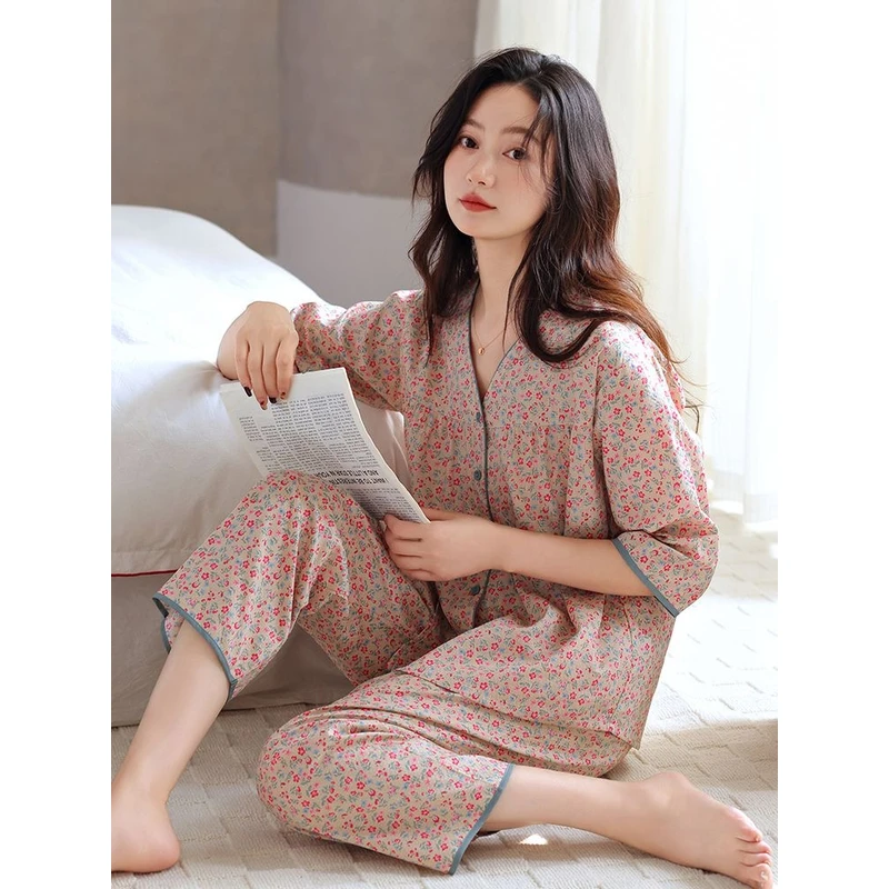 梭织棉纱布睡衣女春秋款纯棉七分袖半袖夏季2025年新款妈妈家居服
