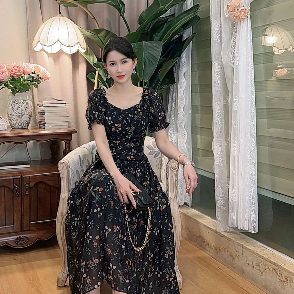 【墨染花香】 AN128 安妮老板 法式碎花复古显白碎花短袖连衣裙