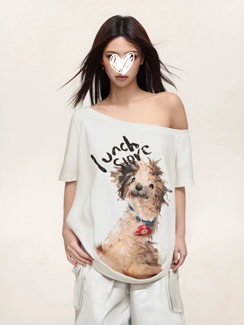 美式白色斜肩短袖t恤女夏小狗防晒宽松显瘦纯棉半袖辣妹上衣