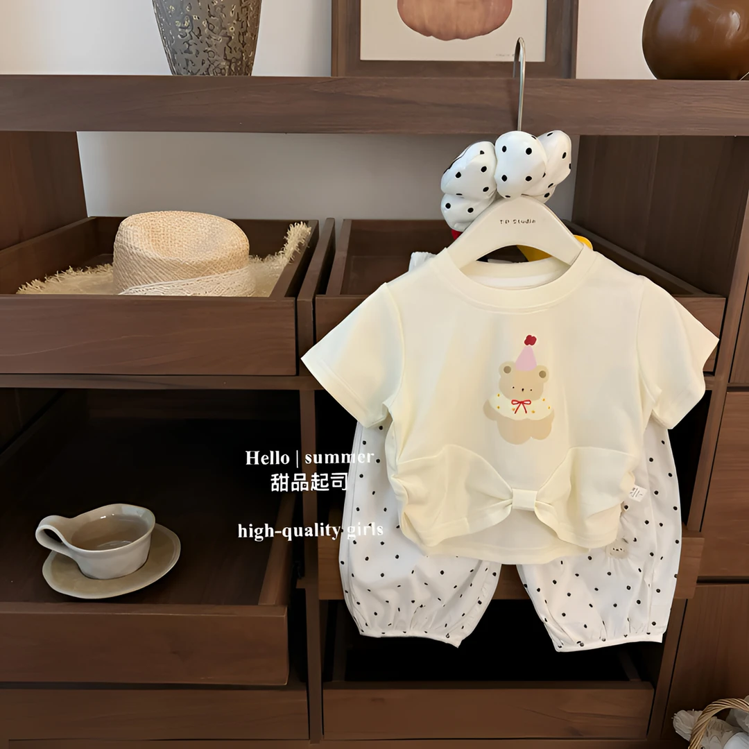 【两件套】姜黄曲奇女宝宝小熊短袖t恤波点灯笼裤洋气可爱韩版套装
