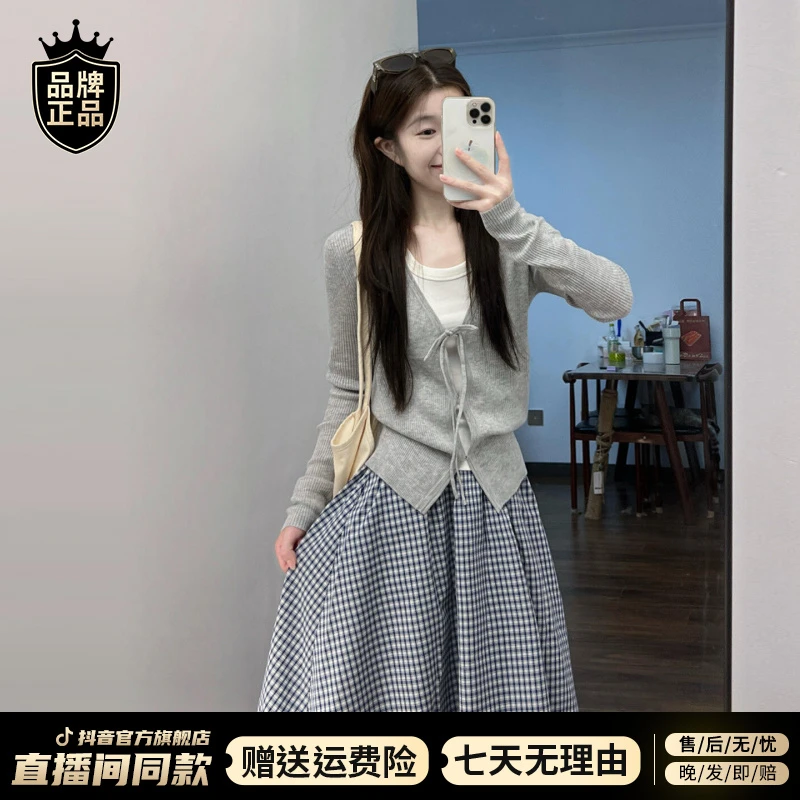 小个子气质长袖针织连衣裙子女装2025新款早秋季长裙一整套装穿搭