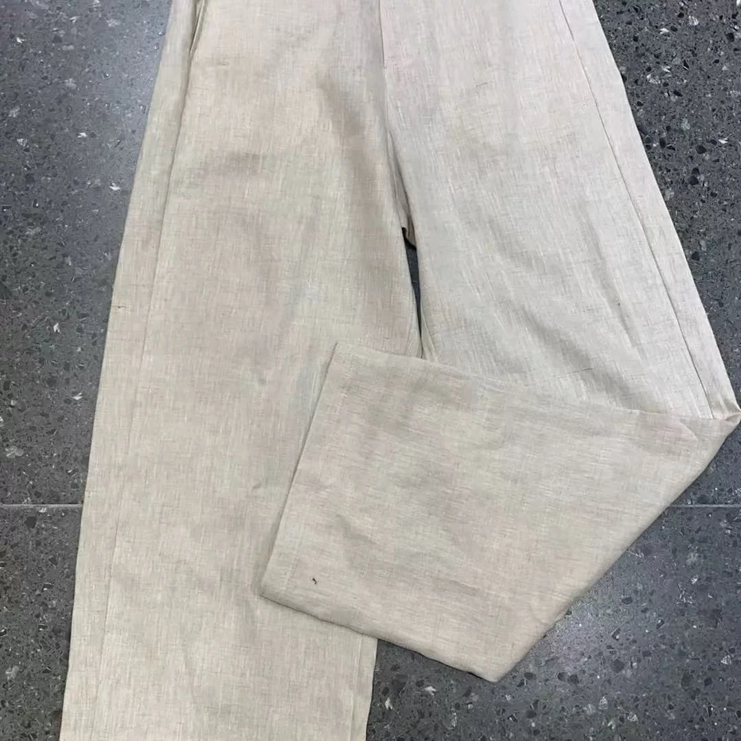 休闲风高腰休闲裤亚麻直筒裤口袋时尚百搭6735