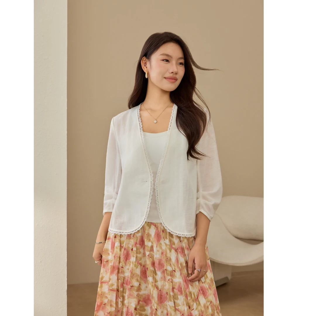 【通勤优雅知性气质V领百搭外套】纤莉秀大码女装夏新款QK2677