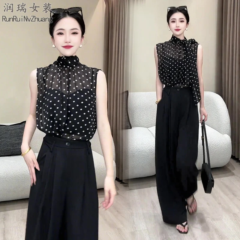波点法式无袖V领女装打底衫立领时尚衬衫宽松气质2025淑女小衫潮