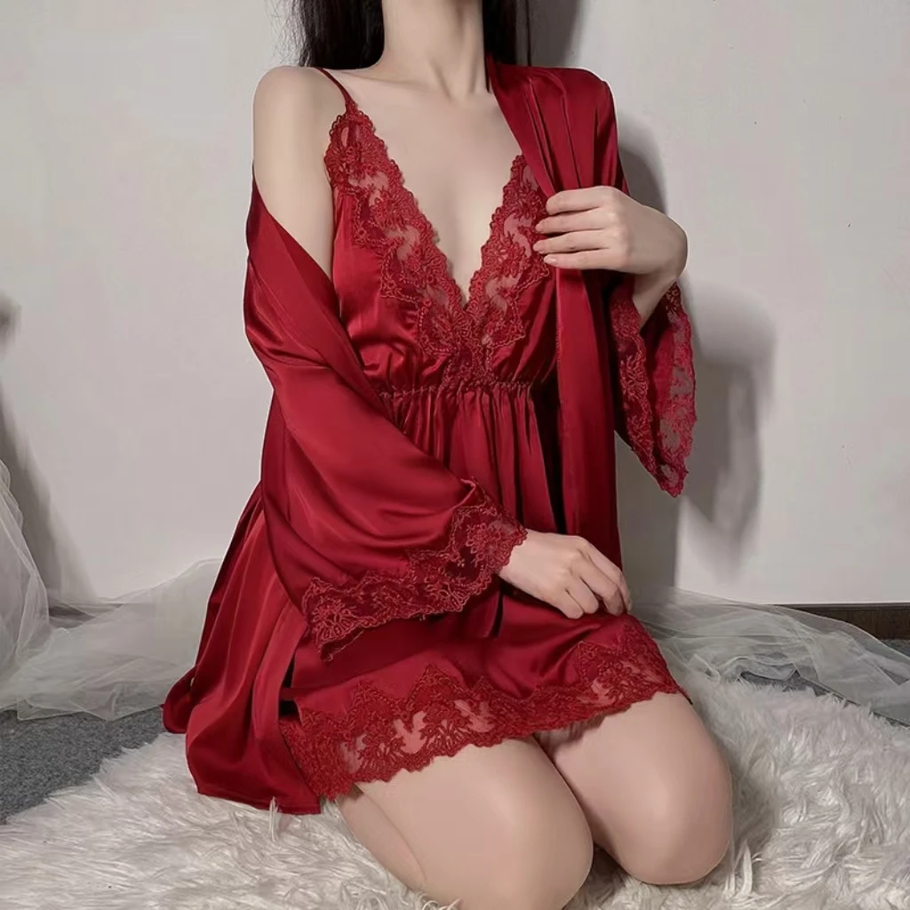 <明媚>缎面刺绣蕾丝V领吊带睡裙睡衣系带纯色外袍家居服