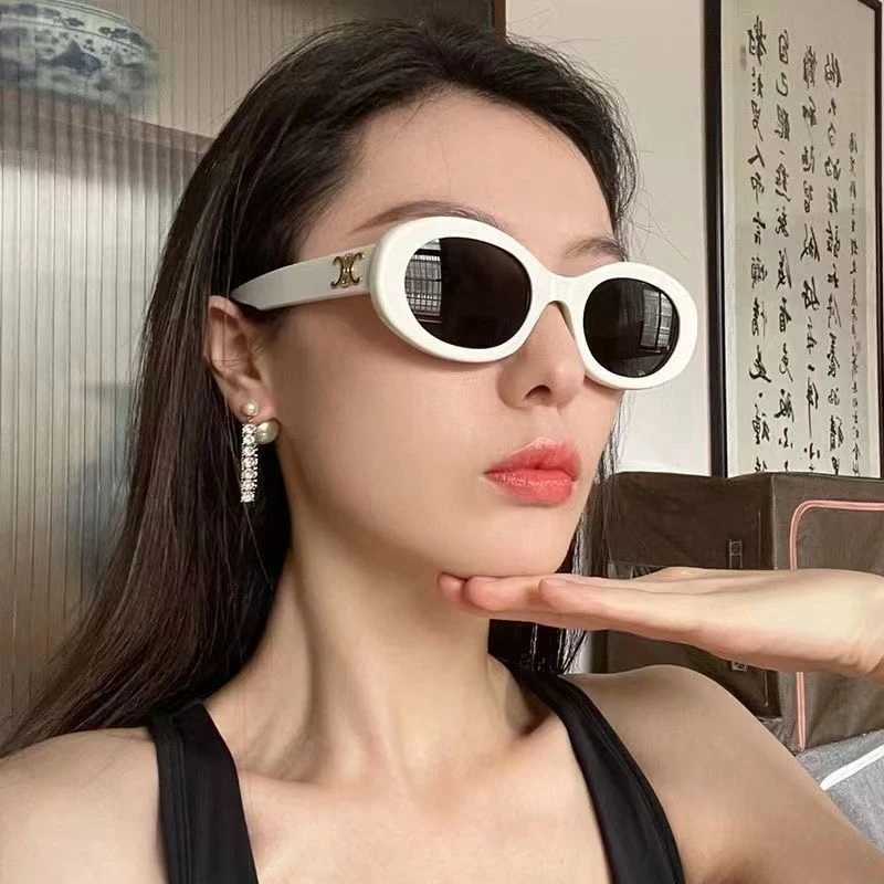 椭圆复古白色边框墨镜女夏防晒高级感ins太阳眼镜大脸港风辣妹潮
