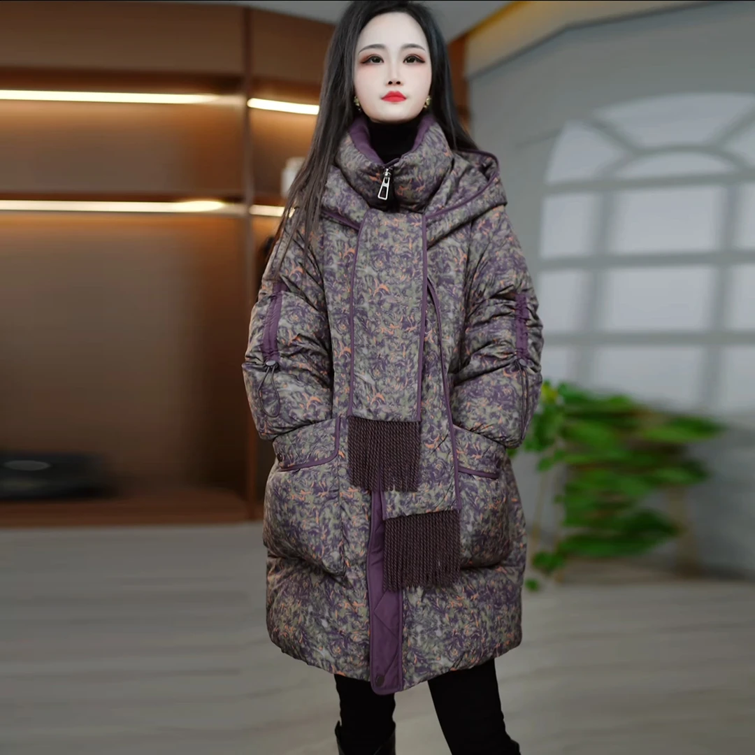 洋气妈妈冬装时尚印花连帽中长款羽绒服2025新款宽松加厚保暖外套