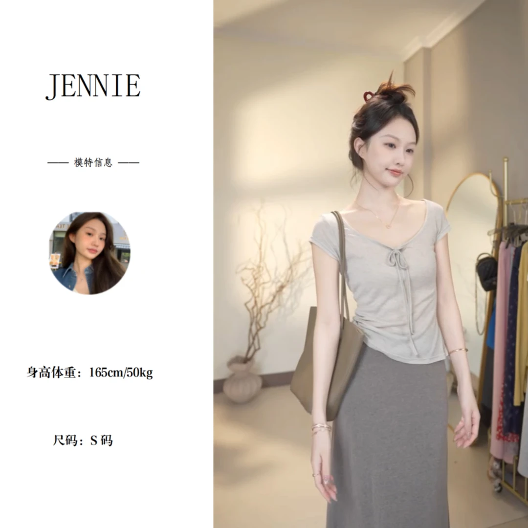 设计感系带领口夏季薄款透感T恤百搭U领正肩收腰修身气质柔软上衣