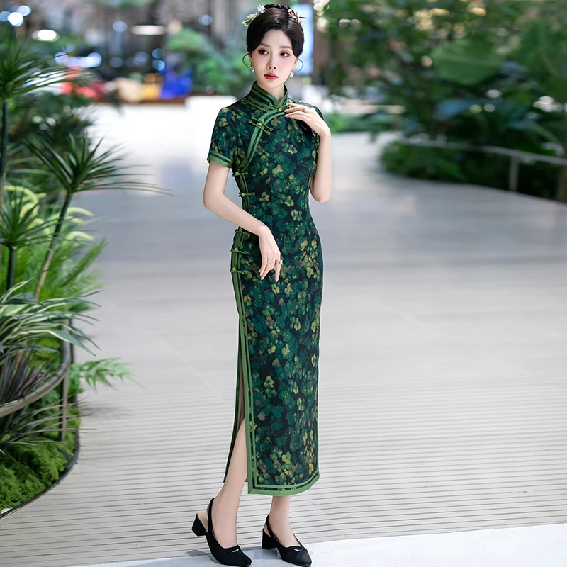 新中式旗袍日常可穿2025夏季高端老上海素雅国风礼服绿色长款裙子