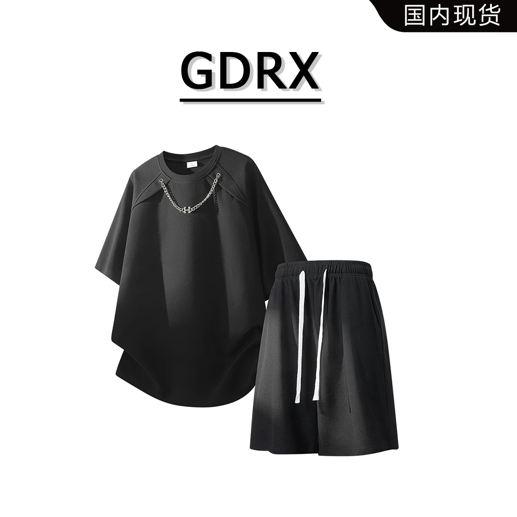 GDRX休闲套装夏季男士宽松凉感透气两件套美式小众设计感轻奢男装