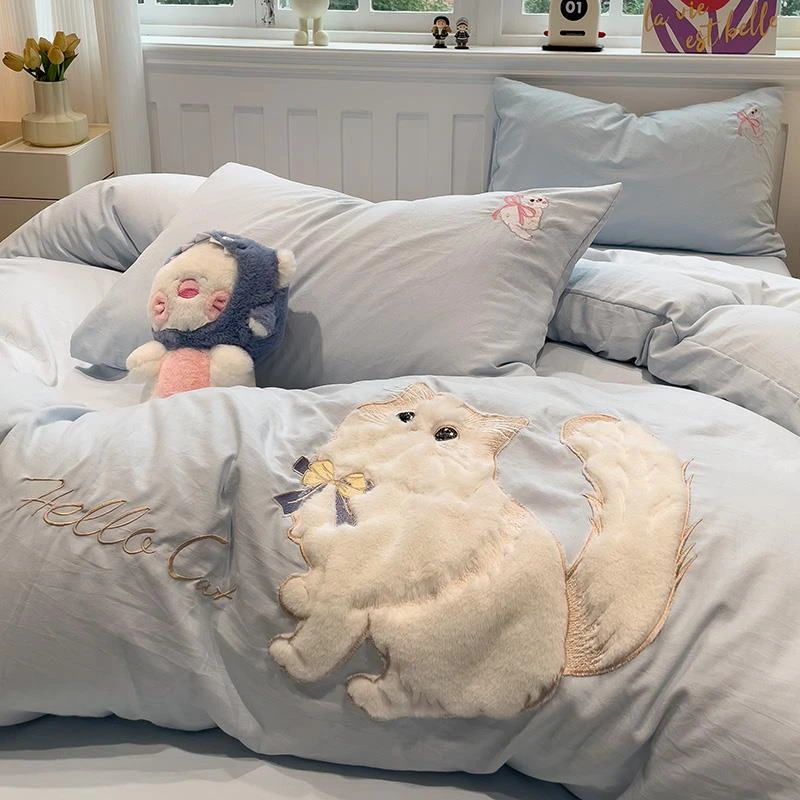 水星家纺适用ins风蓝色少女猫咪毛巾绣水洗棉四件套刺绣被套单件