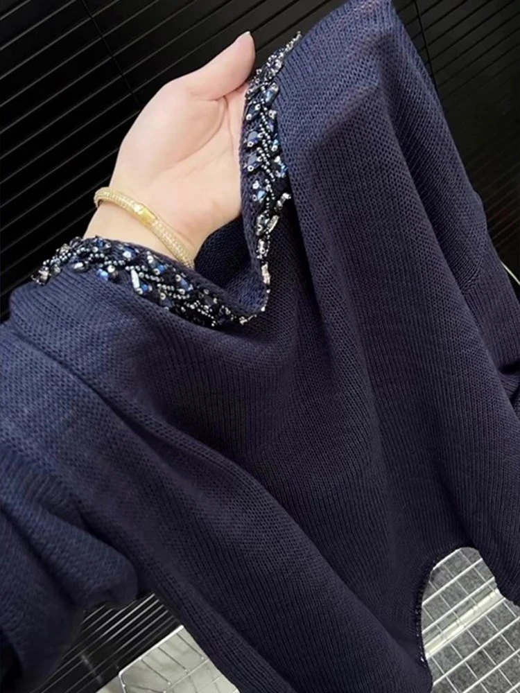 秋季新款时髦复古风百搭洋气超好看藏蓝色针织衫宽松休闲显瘦上衣
