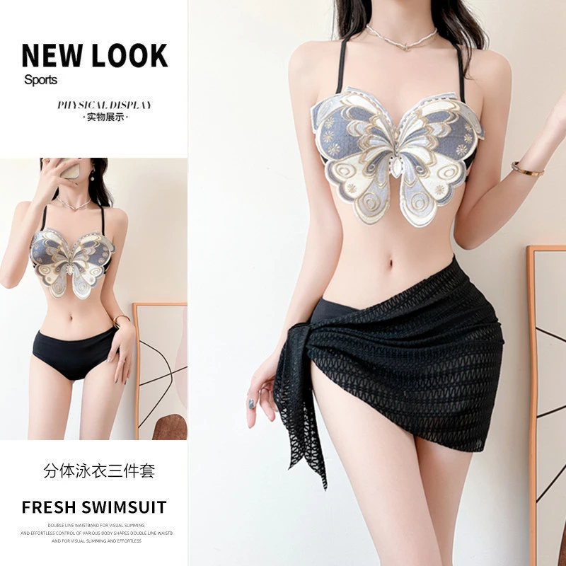 性感辣妹刺绣蝴蝶结修身显瘦美背比基尼纯欲少女分体三件套泳衣女