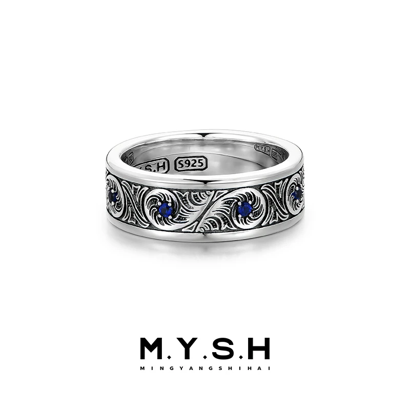 925银戒指 MYSH 复古雕花戒指男士高级痞帅闭口戒原创设计玻