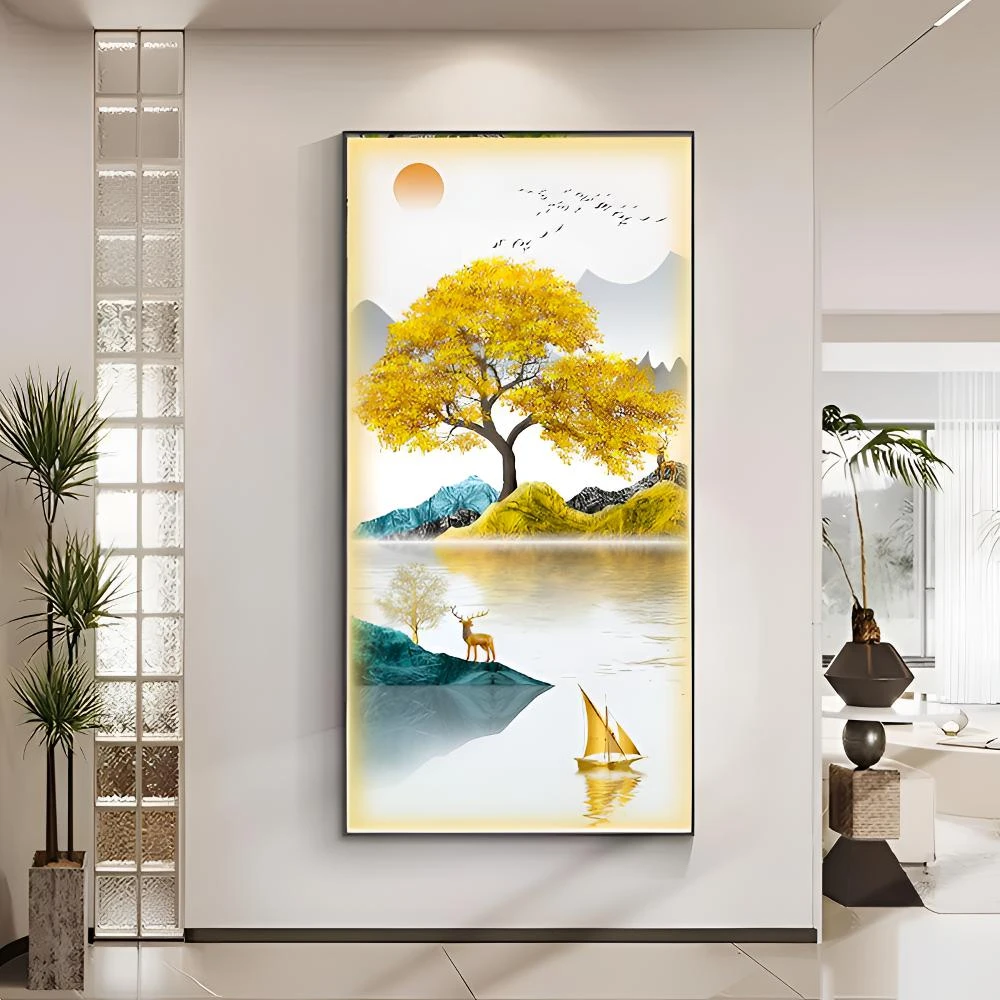 竖版-玄关画-【蒸蒸日上】晶瓷画晶瓷镶钻画玄关画过道画装饰画