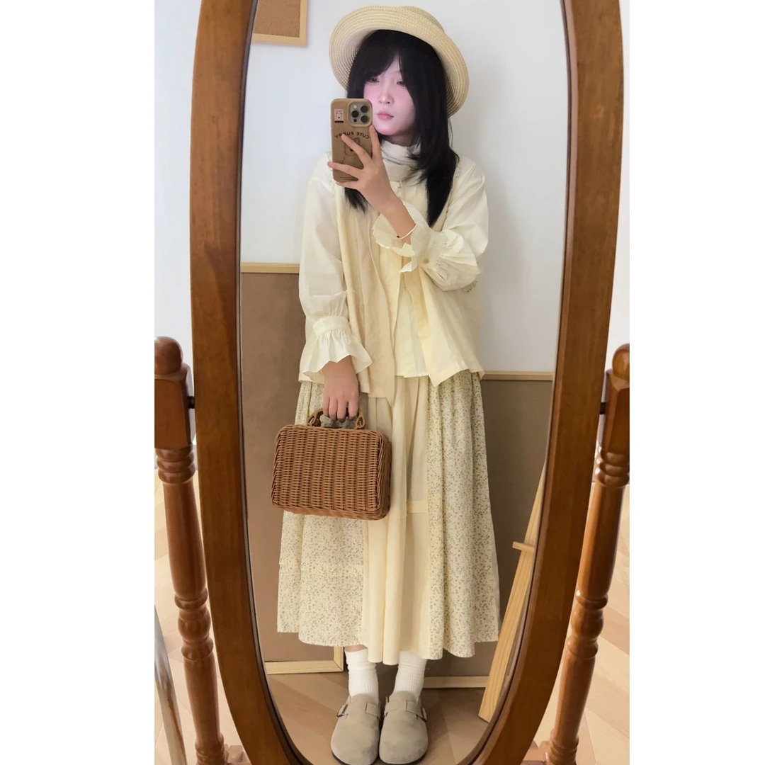 小园园自制早春款日森系文艺碎花套装搭配