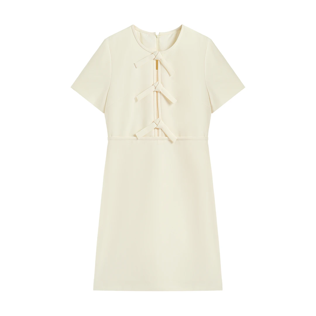 【南油畅姐】新款优雅知性风短袖连衣裙蝴蝶结点缀显瘦连衣裙