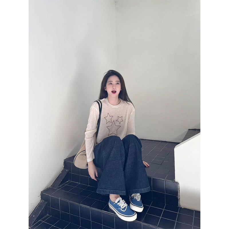 慵懒风宽松气质星星印花长袖T恤高腰轻奢百搭阔腿休闲直筒裤套装