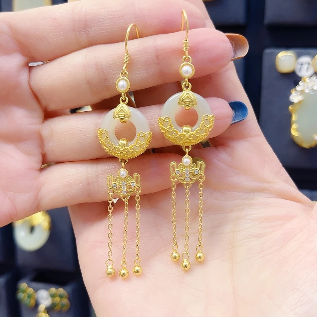 和田玉银S925镀金镶嵌耳饰