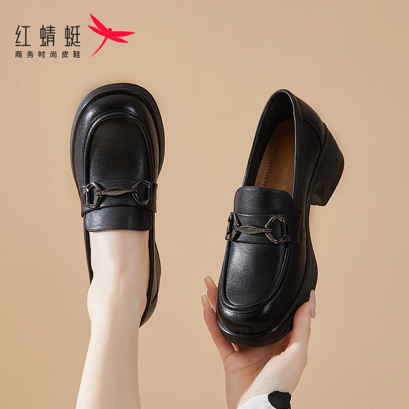 红蜻蜓夏季女鞋开春新款厚底增高一脚蹬休闲皮鞋乐福鞋女真皮单鞋