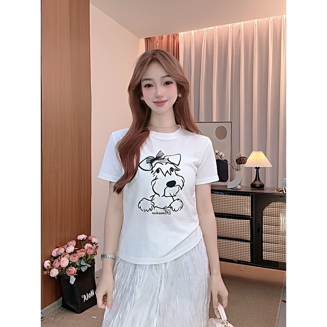 LEX-【蝴蝶结小狗】数码直喷印花莱赛尔天丝冰感短袖T恤女
