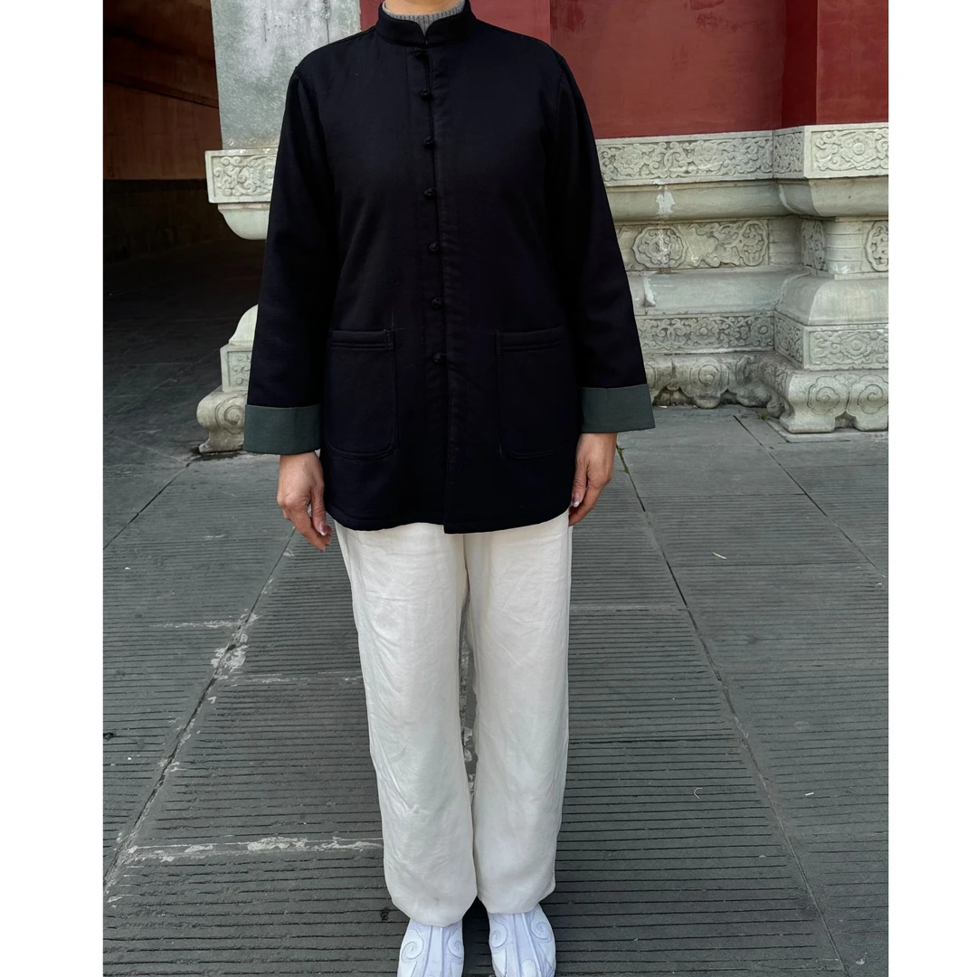 加厚竹麻一体长毛绒手工小袢扣翻边中国风太极服跆拳道