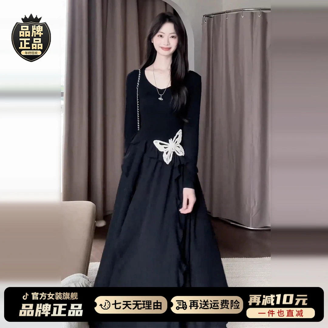 法式不规则蝴蝶黑色长袖连衣裙子女2025新款掐腰长裙早秋流行穿搭