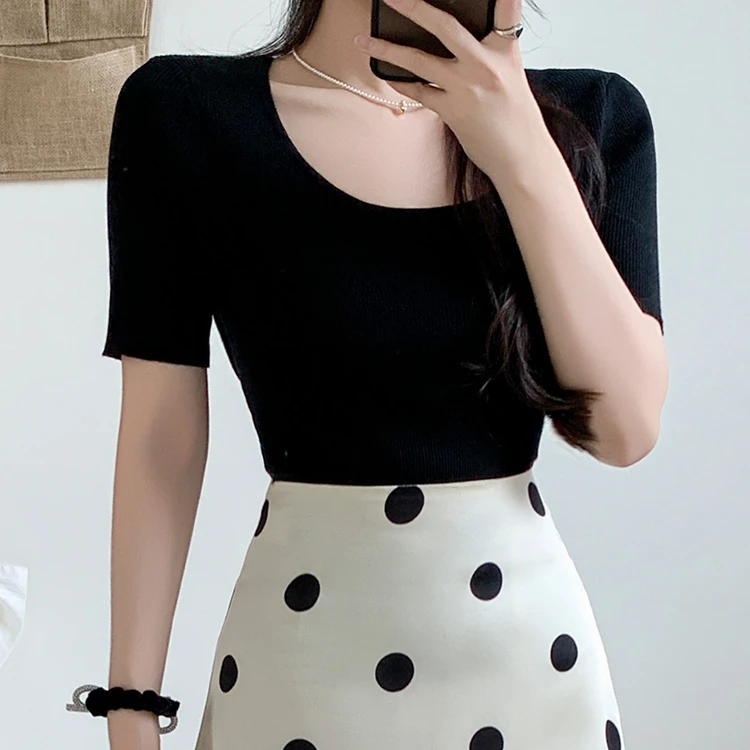 莱赛尔纤维天丝针织U领短袖上衣女#9951