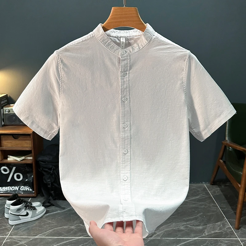 轻奢小清新棉麻立领纯色短袖衬衫男夏季时尚休闲百搭文艺宽松上衣