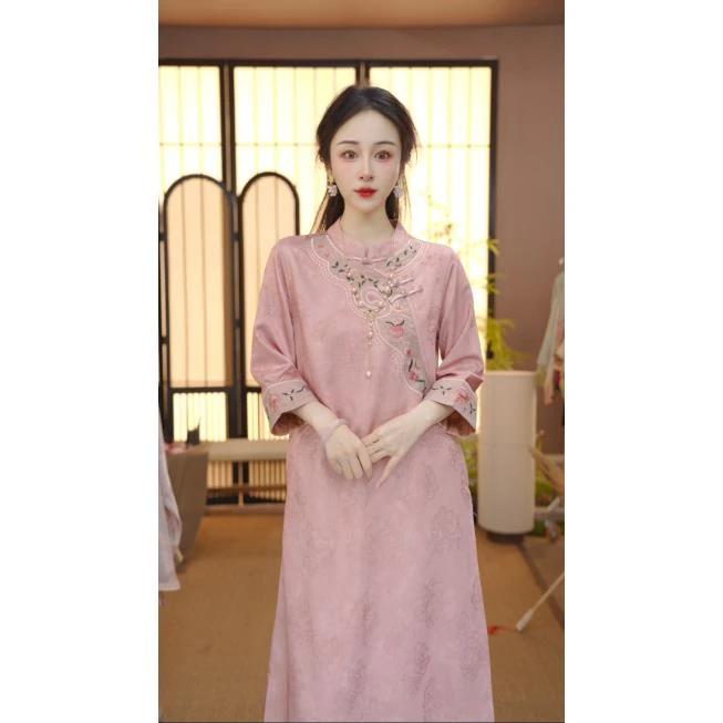 （桃花甜）2025新中式改良中式斜襟春夏季女装宽松连衣裙FB2503102