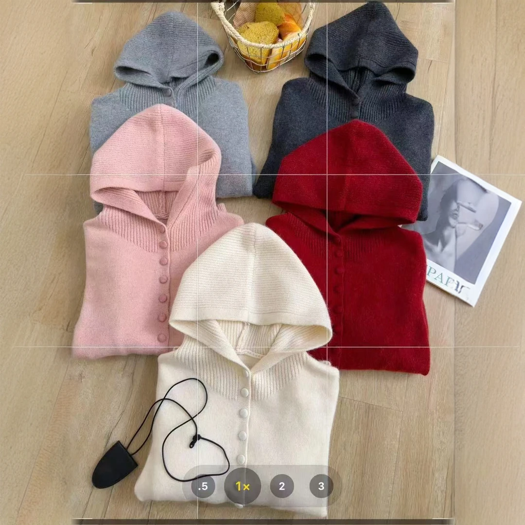 【帽子针织】韩版百搭时尚纯色单排扣连帽针织长袖开衫