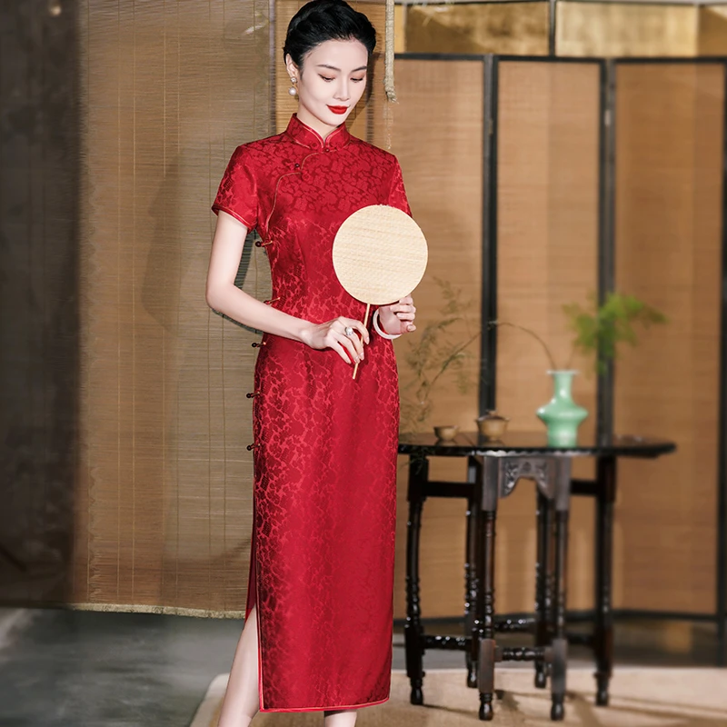 喜妈妈红色新中式花萝旗袍高端交织桑蚕咝旗开得胜婚宴礼服