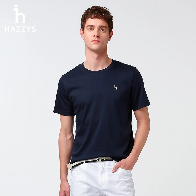 Hazzys哈吉斯男士夏季圆领短袖T恤时尚休闲纯色打底百搭男装上衣