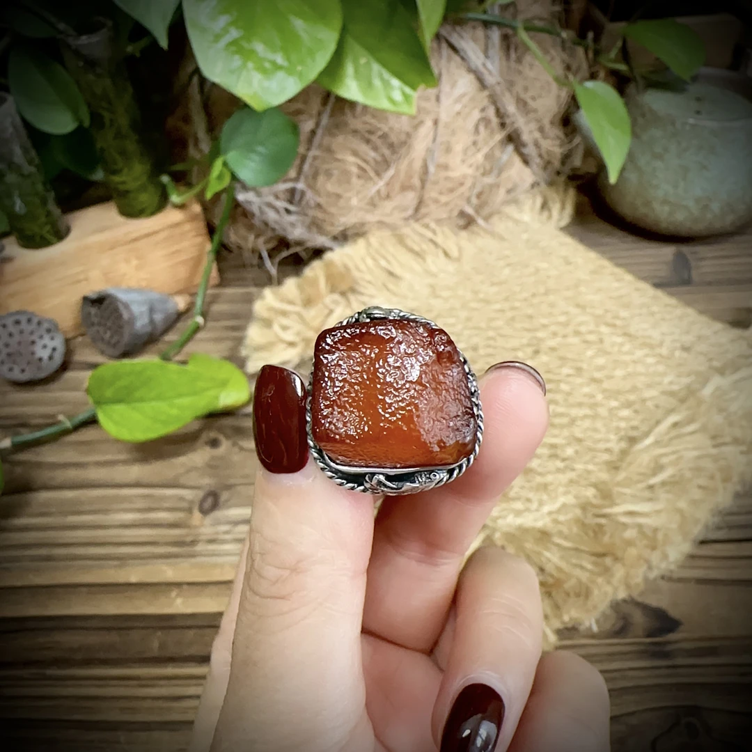 【古香古色】复古s925银蜜蜡琥珀戒指（圈口可调节）