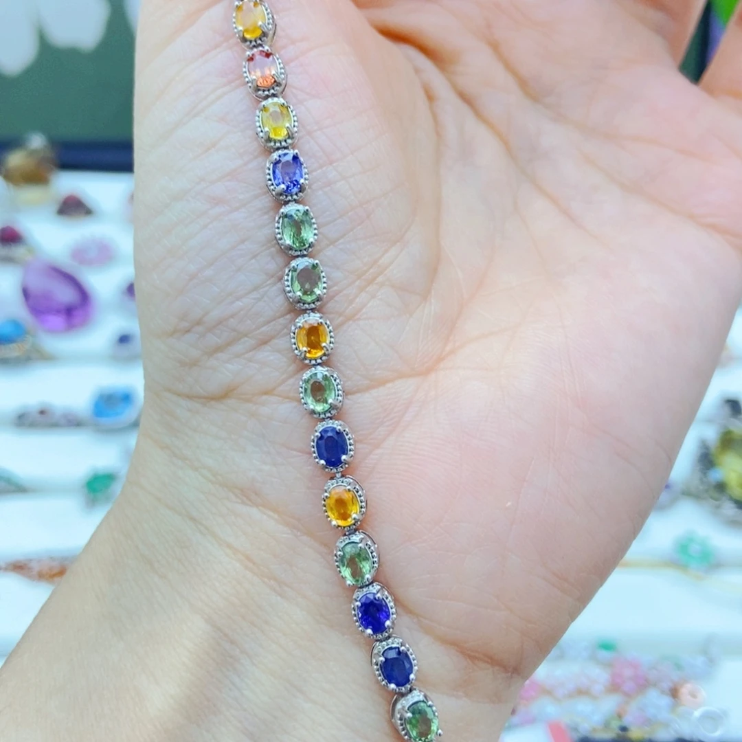 手链彩色蓝宝石银S925镶嵌