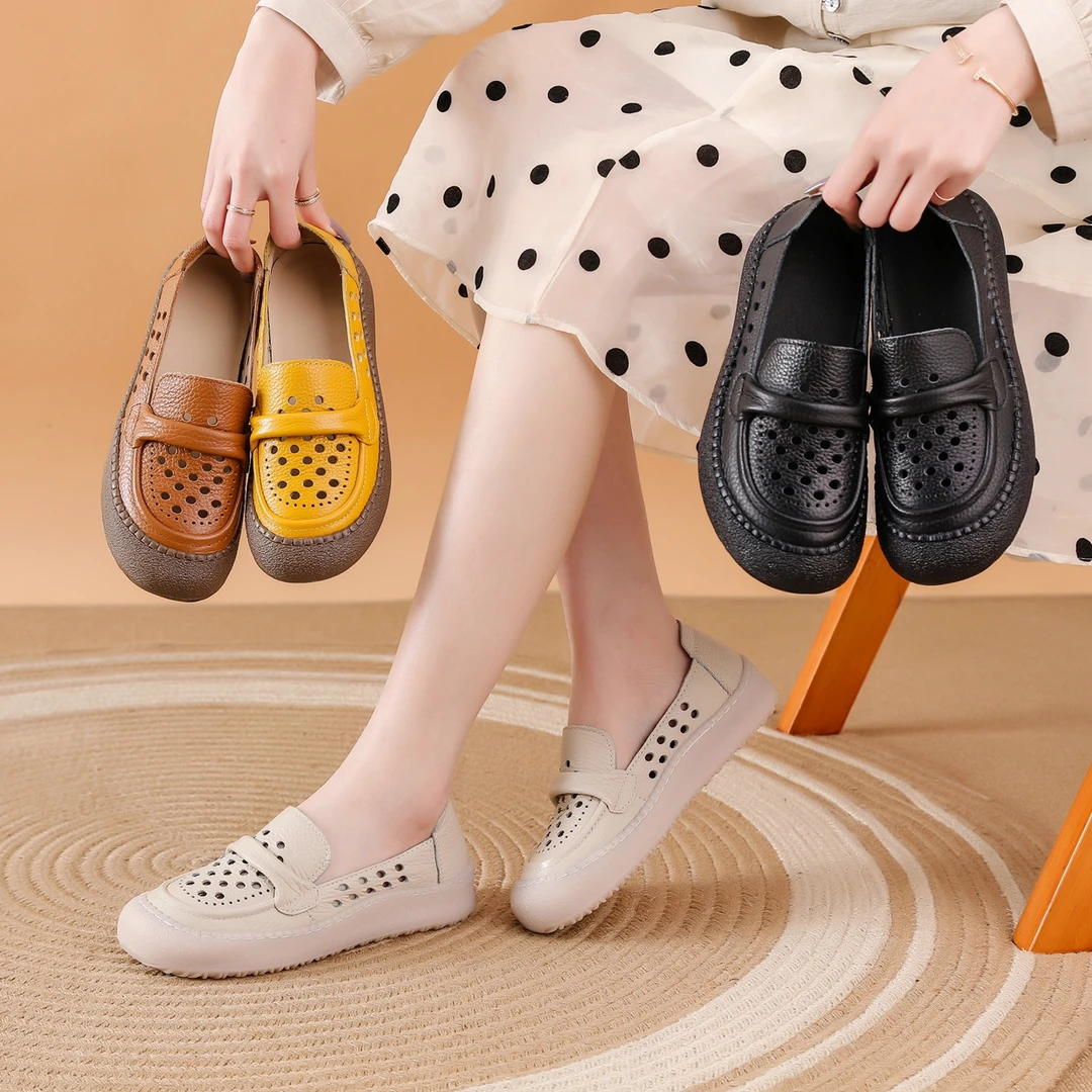 头层牛皮低跟休闲豆豆鞋防滑圆头单鞋软底平底老年百搭乐福鞋洞洞