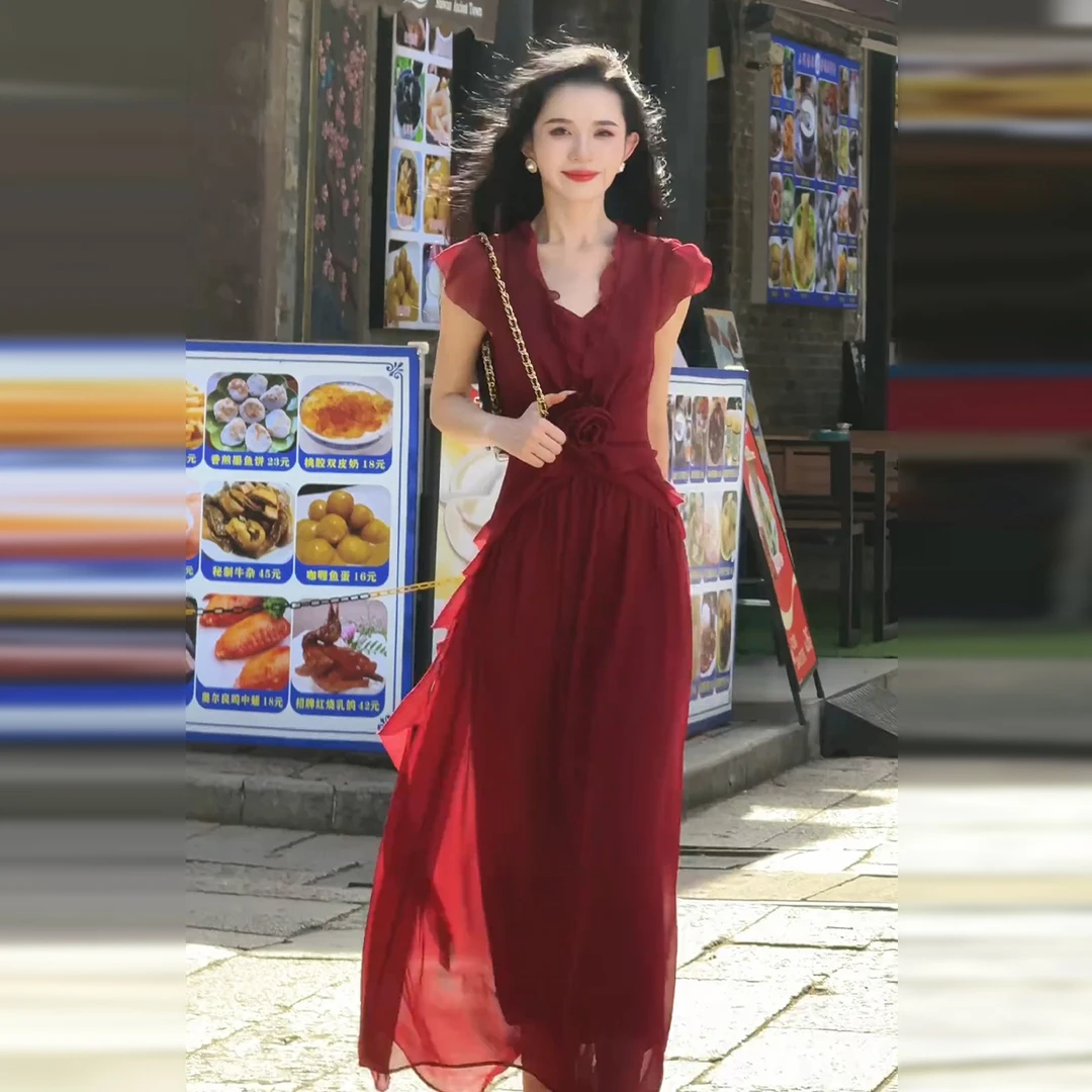 【现货+运补】海边度假复古红色连衣裙女夏立体花朵气质收腰裙5265