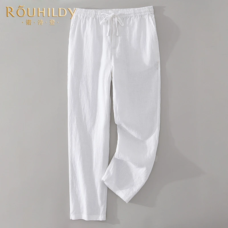 Rouhildy休闲裤男夏季薄款直筒棉麻长裤子高端男士宽松亚麻裤
