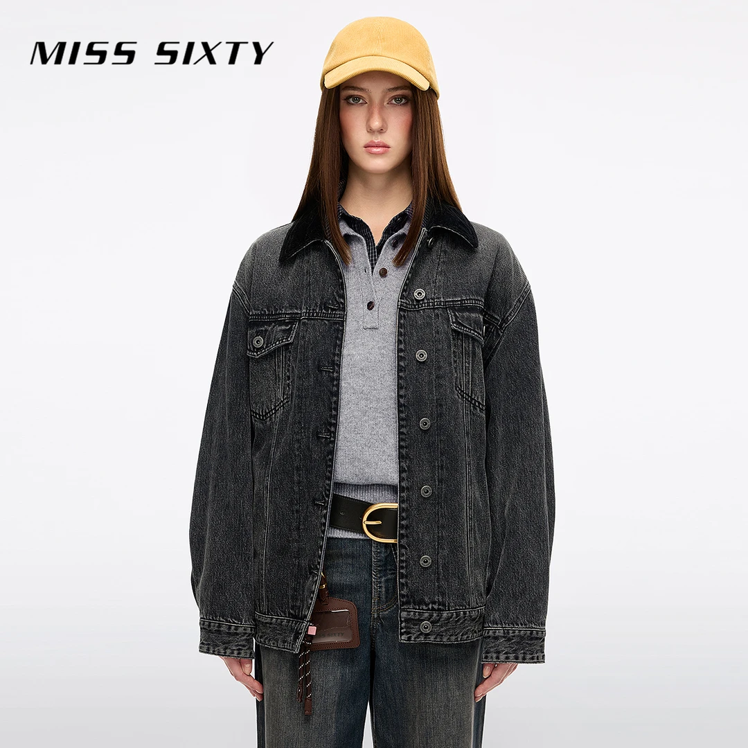 Miss Sixty2025冬季新款牛仔外套女拼接翻领复古洗水宽松街头风