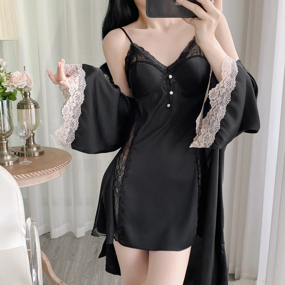 【夜色蔷薇】性感蕾丝睡裙缎面一体胸垫睡衣美背显瘦吊带女家居服