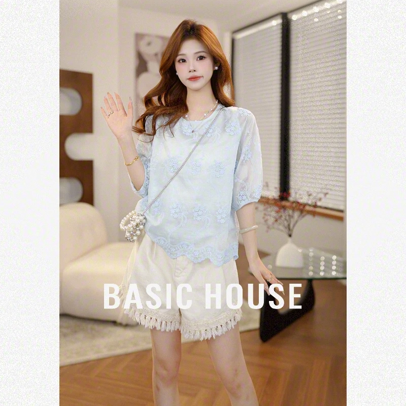 Basic House/百家好夏季新款欧若风刺绣时尚百搭衬衫B1195B5T542