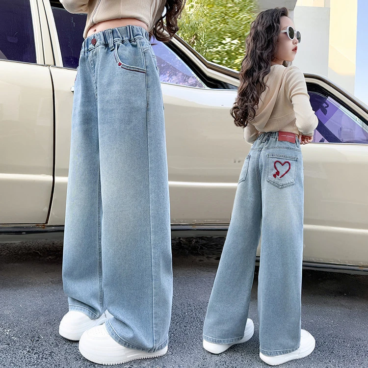女童牛仔裤春秋款中大童刺绣宽松直筒阔腿裤时尚洋气