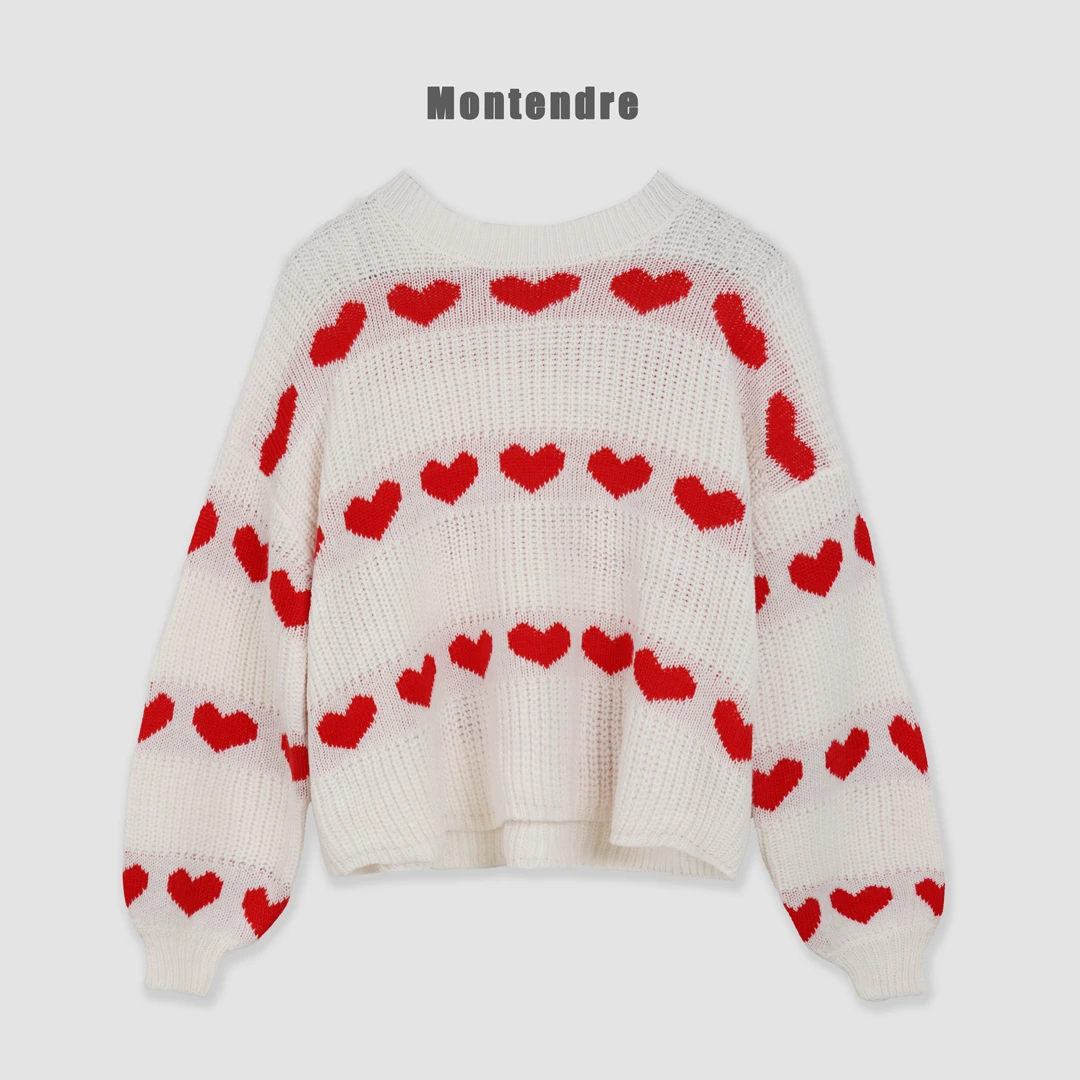 【MonTendre】秋季新款 S 休闲宽松毛衣双色提花宽松休闲爱心上衣