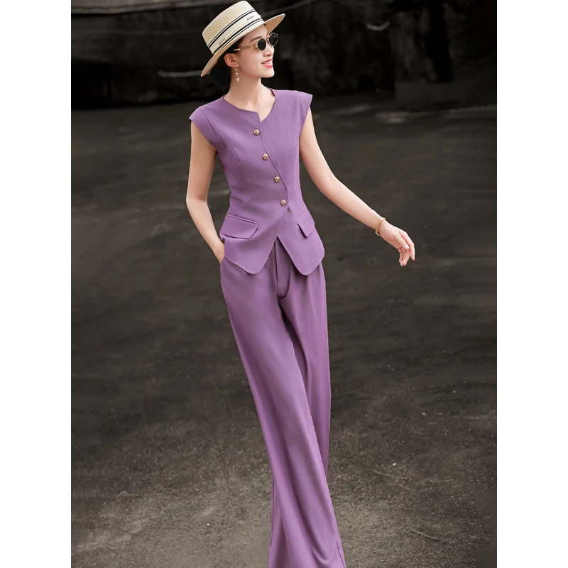 〈纪朵研〉1163夏季新款气质高级感紫色无袖马甲上衣高腰阔腿裤套装