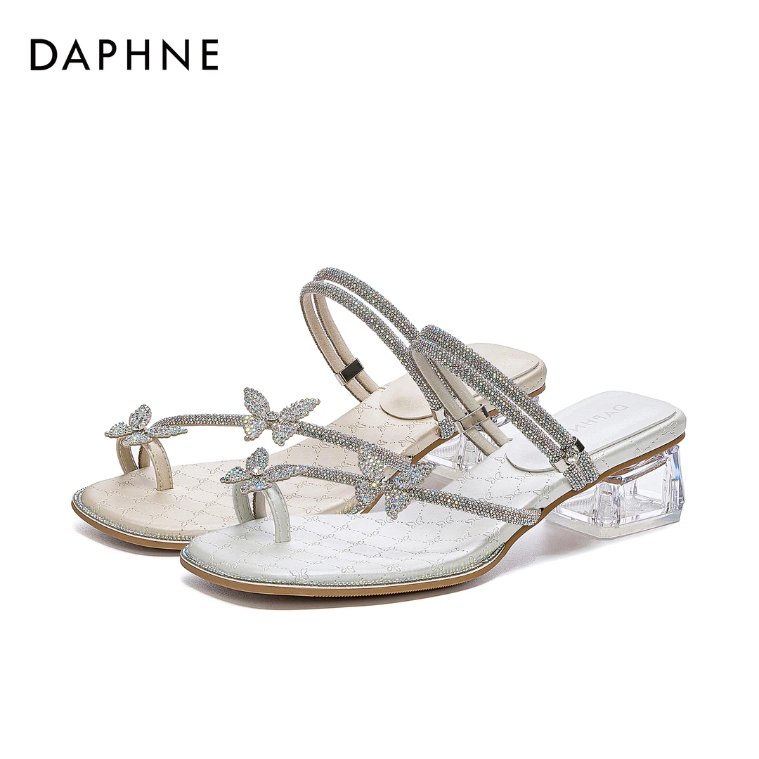 达芙妮百搭时尚凉拖鞋夏季女2025新款仙女气质水钻夹趾一字拖女鞋