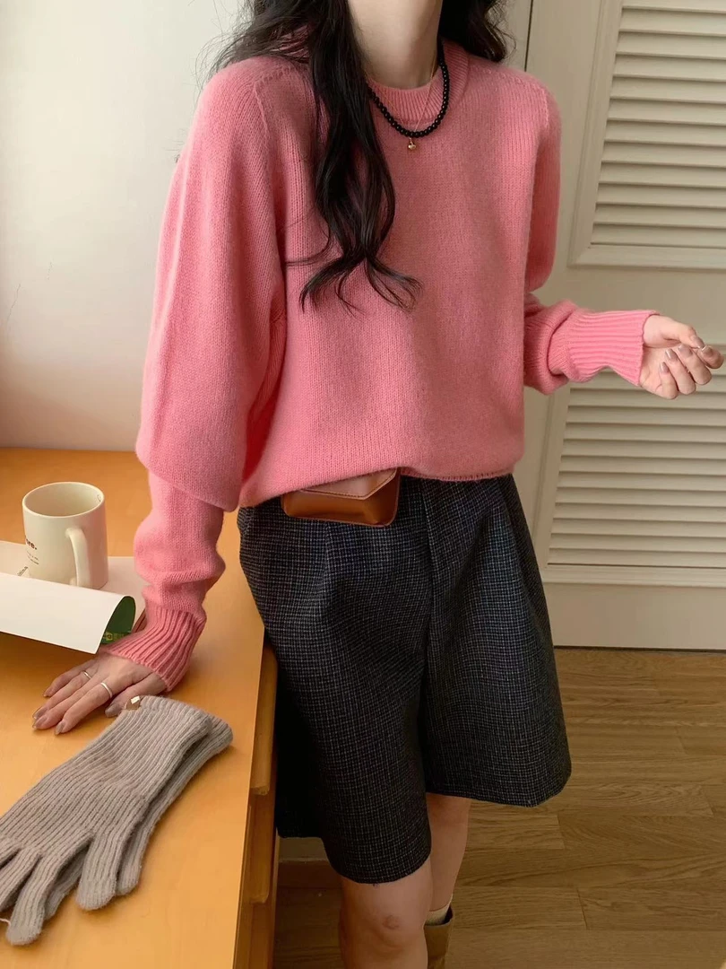 【小影家】8809-韩版休闲百搭纯色圆领无缝一体针织羊毛衫