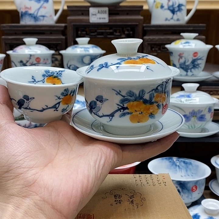 手绘喜柿图悬停盖碗160cc➕同款压手杯釉下彩微瑕福利款