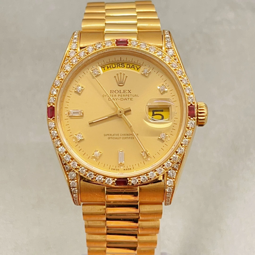 95新 Rolex/劳力士 星期日历型18K黄金内外后镶钻机械腕表18038